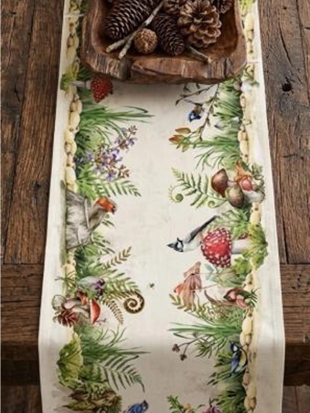 Michel Moss & Oak Table Runner Green Botanical Mushroom Bird Print 72”x15” NEW